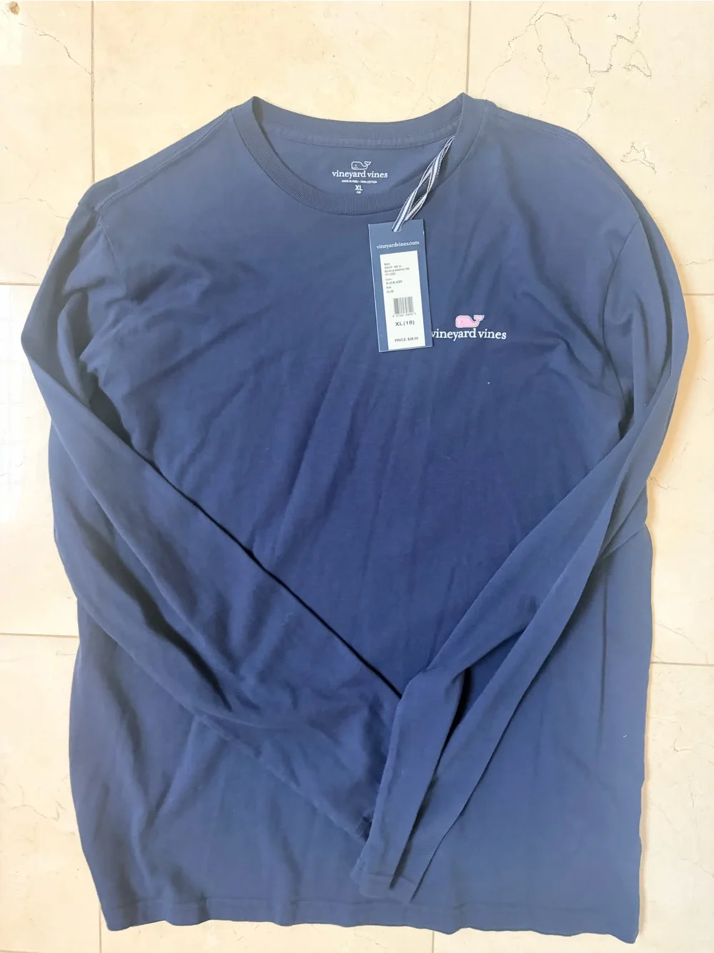 Boy’s Vineyard Vines long-Sleeve Crewneck Tee in Navy with Pink Whale Logo - XL